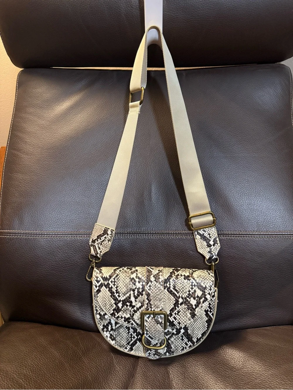 Snake-Print Crossbody Saddle Bag in Brown & Cream